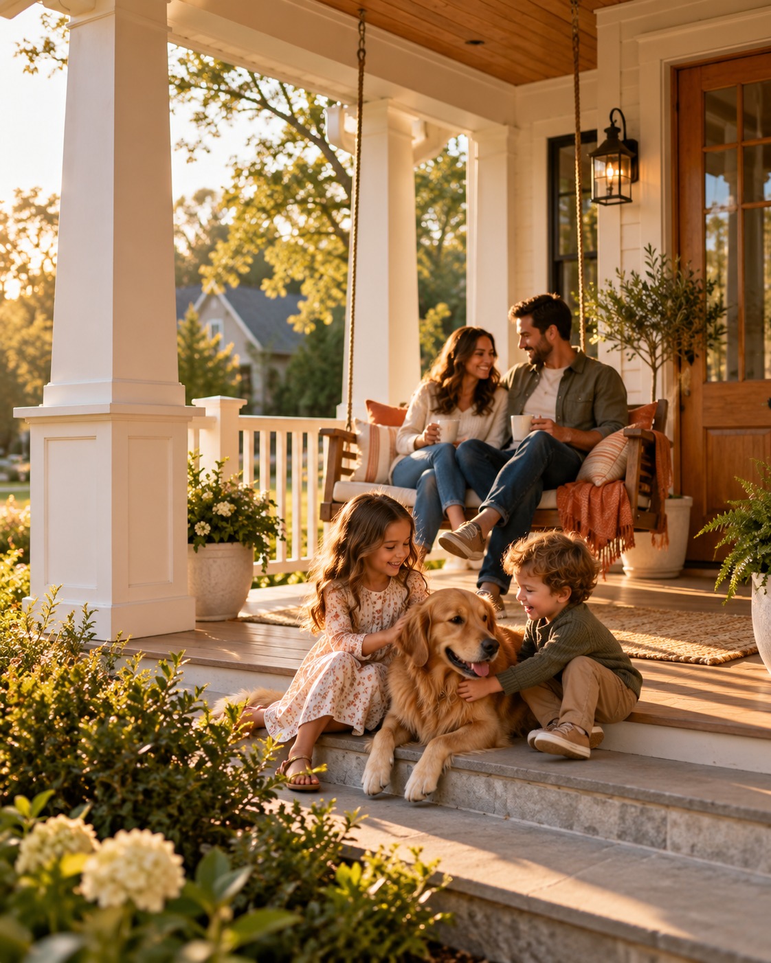A family and their dog relaxing on the front porch at sunset